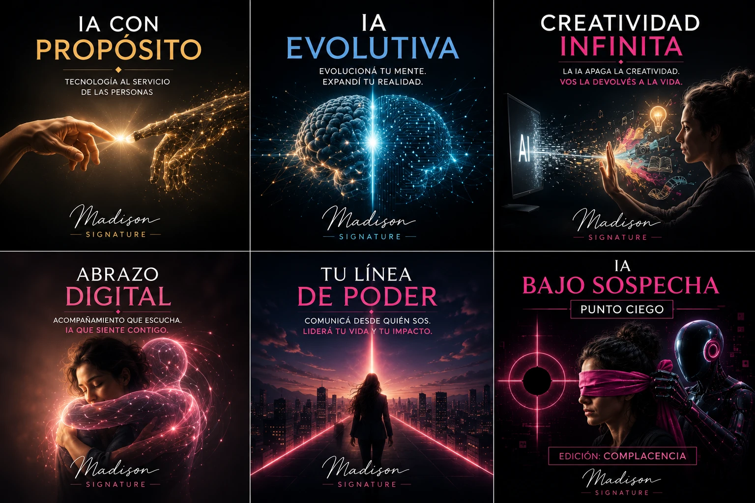 Colección Madison Signature: IA con Propósito, IA Evolutiva, Creatividad Infinita, Abrazo Digital, Tu Línea de Poder, IA Bajo Sospecha